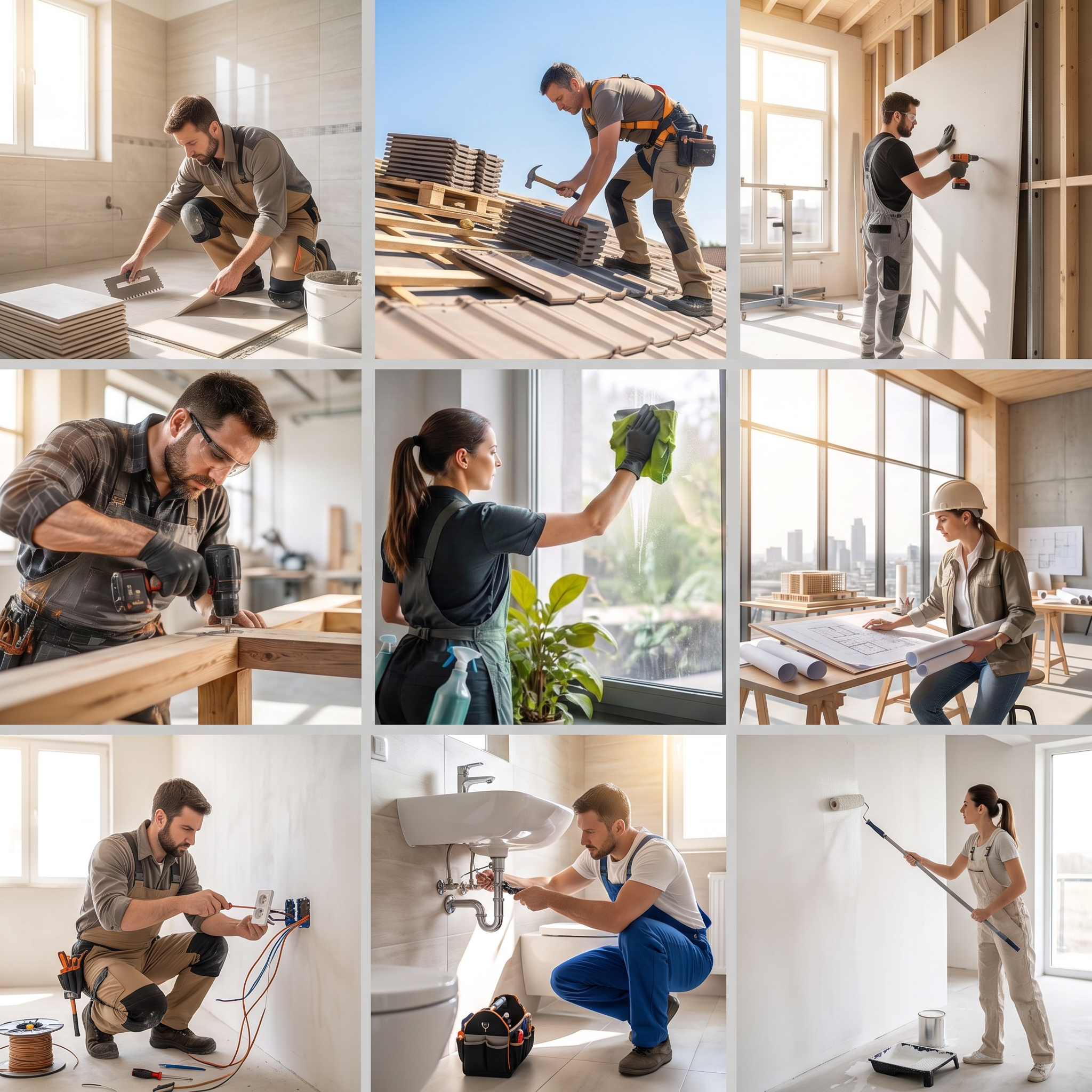 Verschiedene Dienstleister bei der Arbeit: Fliesenleger, Dachdecker, Trockenbauer, Schreiner, Reinigung, Architektin, Elektriker, Installateur und Malerin